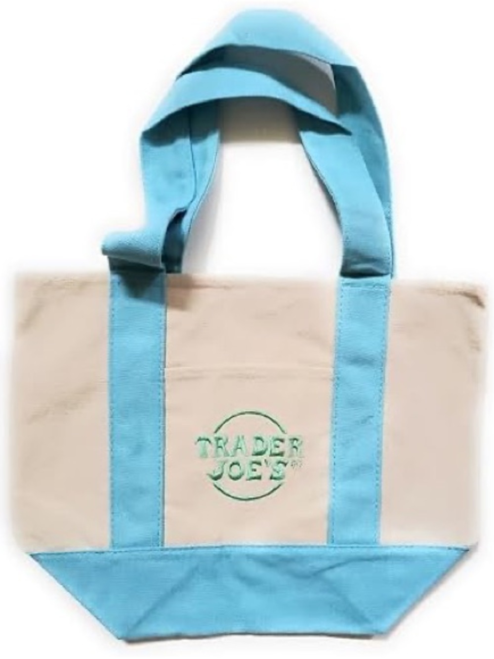 🦋 Trader Joe's Beige Canvas Tote with Light Blue Trim 🦋